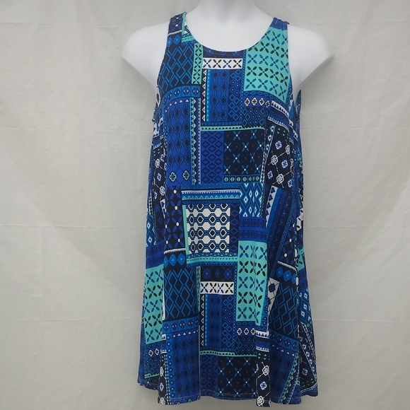 Patchwork Print Dress Blue Teal Black Midi Stretchy Sleeveless A-Line Sundress - Picture 1 of 9